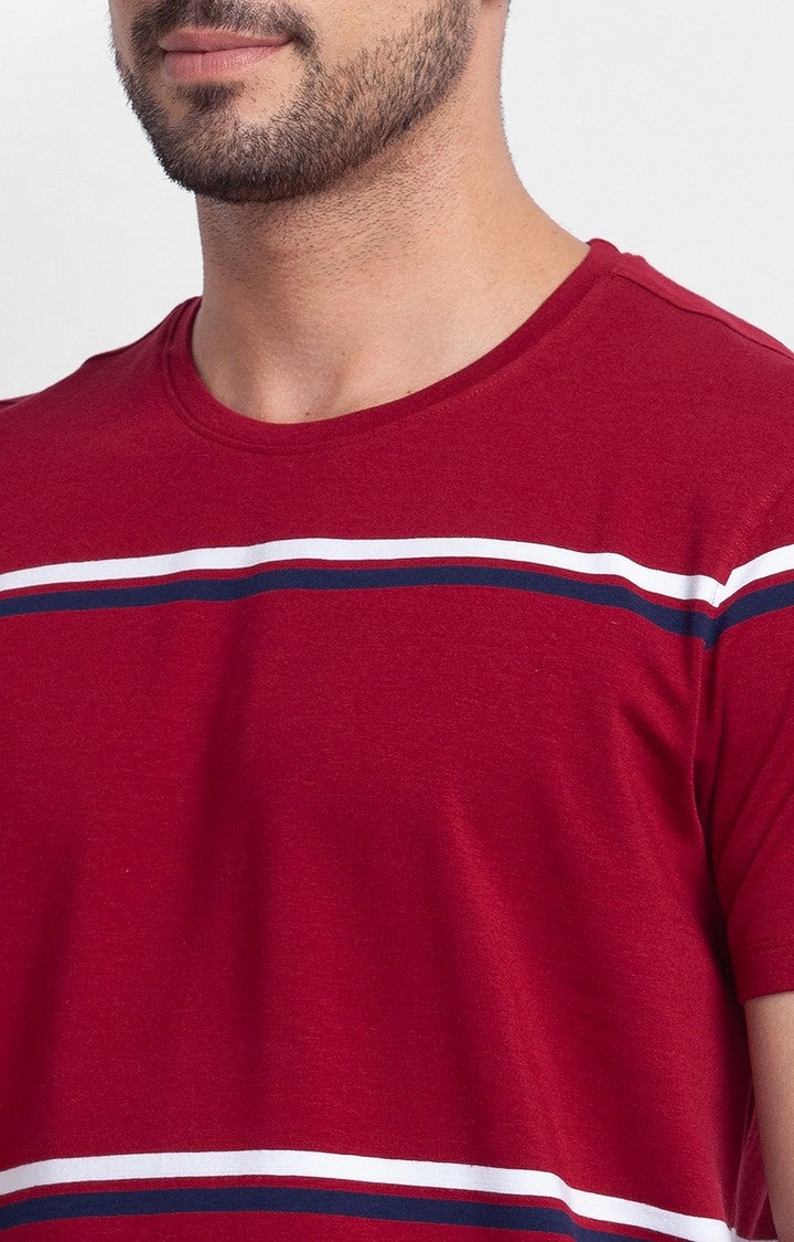 Spykar Deep Red Cotton Half Sleeve Stripes Casual T-Shirt For Men