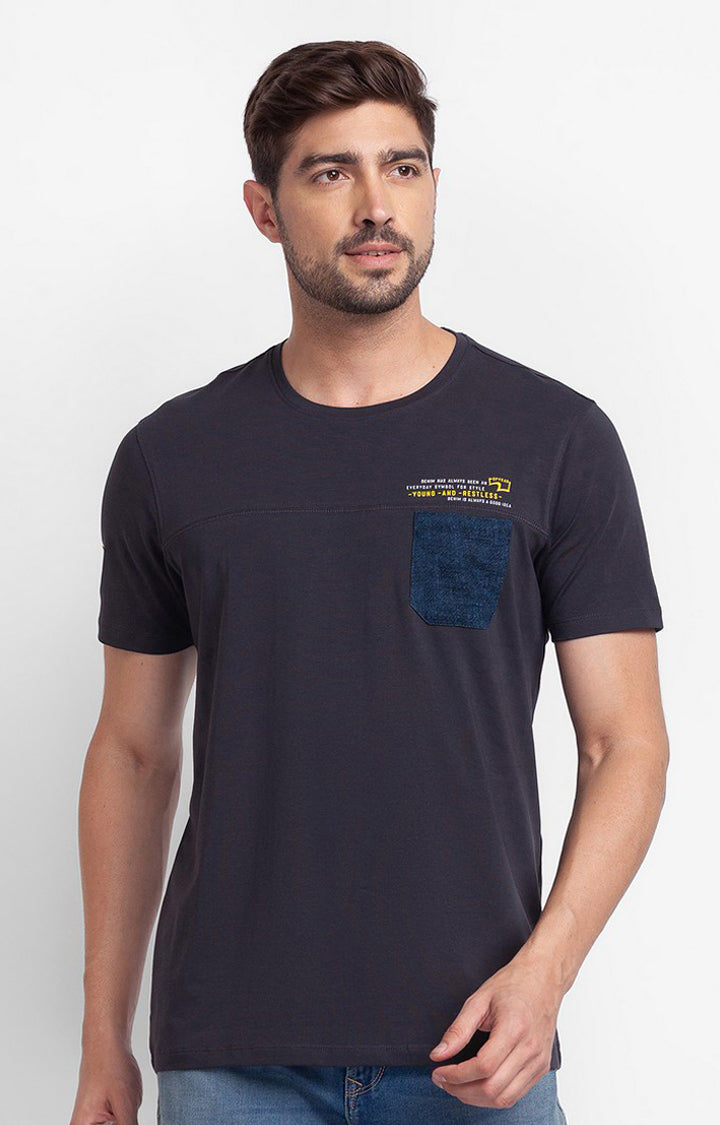 Spykar Slate Grey Cotton Half Sleeve Plain Casual T-Shirt For Men