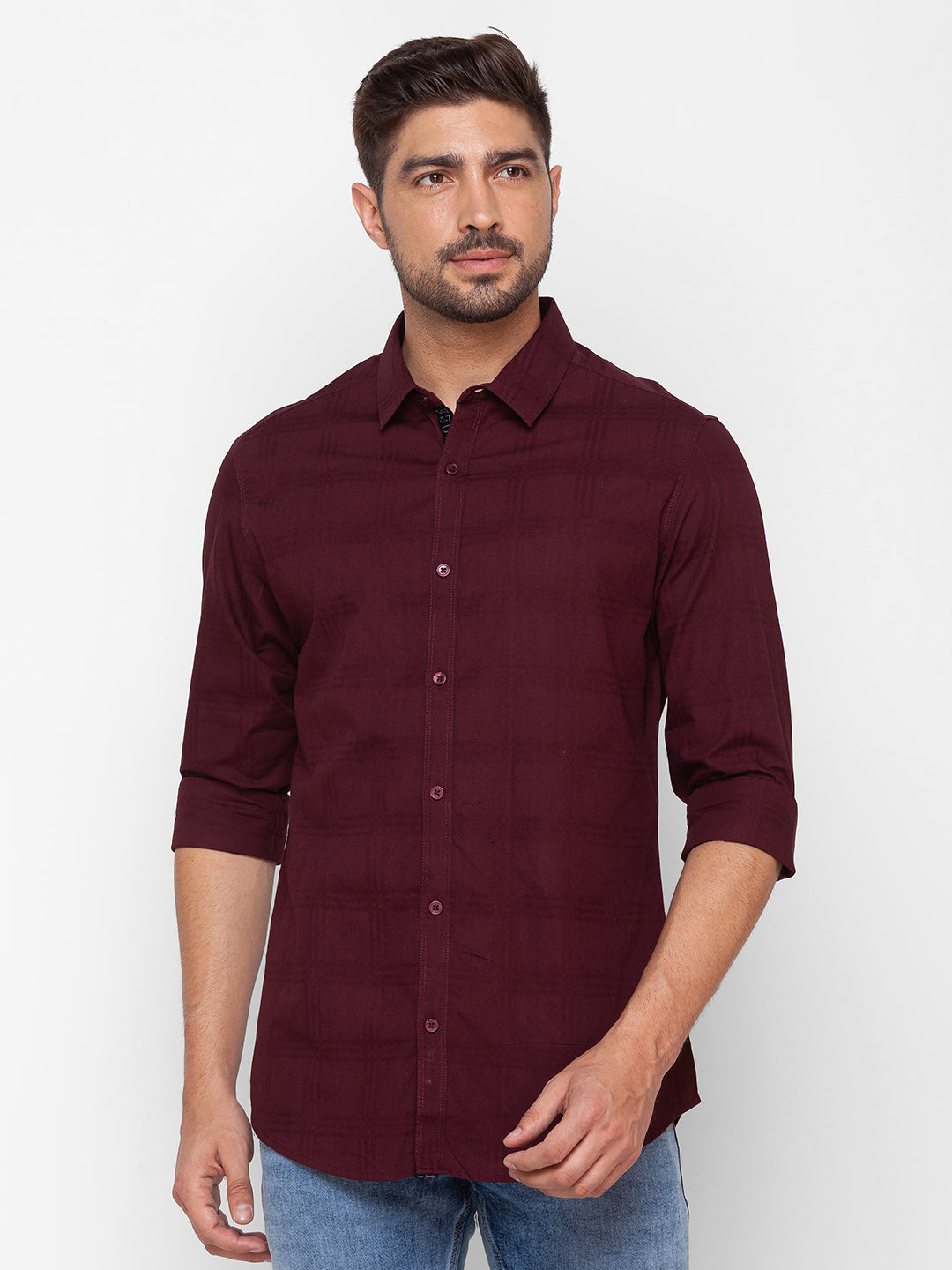 Spykar Wine Red Cotton Full Sleeve Plain Shirt For Men