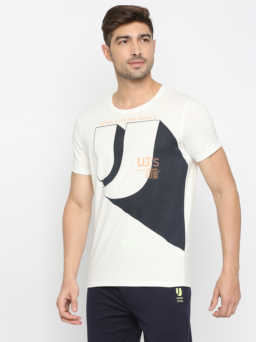 Men Premium Ecru Cotton Round Neck Printed Tshirt- Underjeans By Spykar