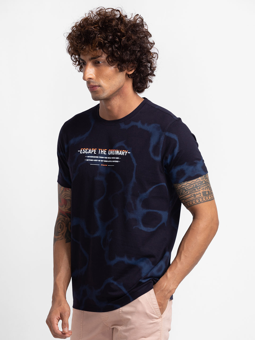 Blue Cotton Mens Printed Half Sleeves T- Shirt