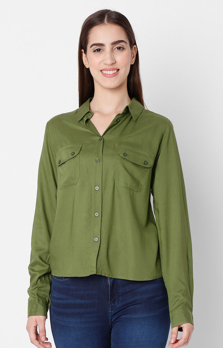 Spykar Regular Fit Green Cotton Women Shirts