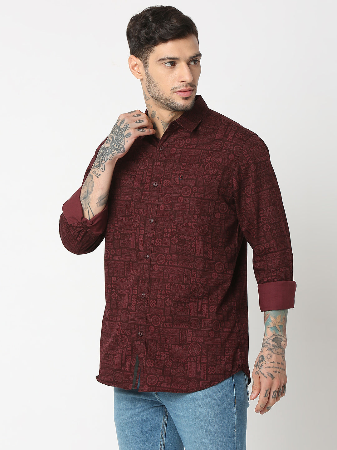 Spykar Men Wine Red Cotton Slim Fit Printed Shirts