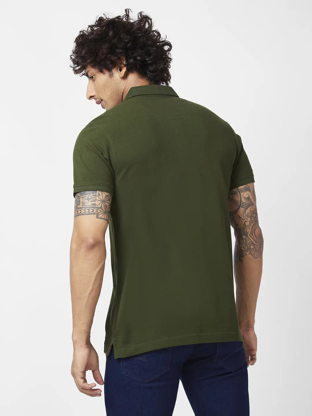 Spykar Men Rifle Green Cotton Slim Fit Half Sleeve Polo Neck Plain Tshirt