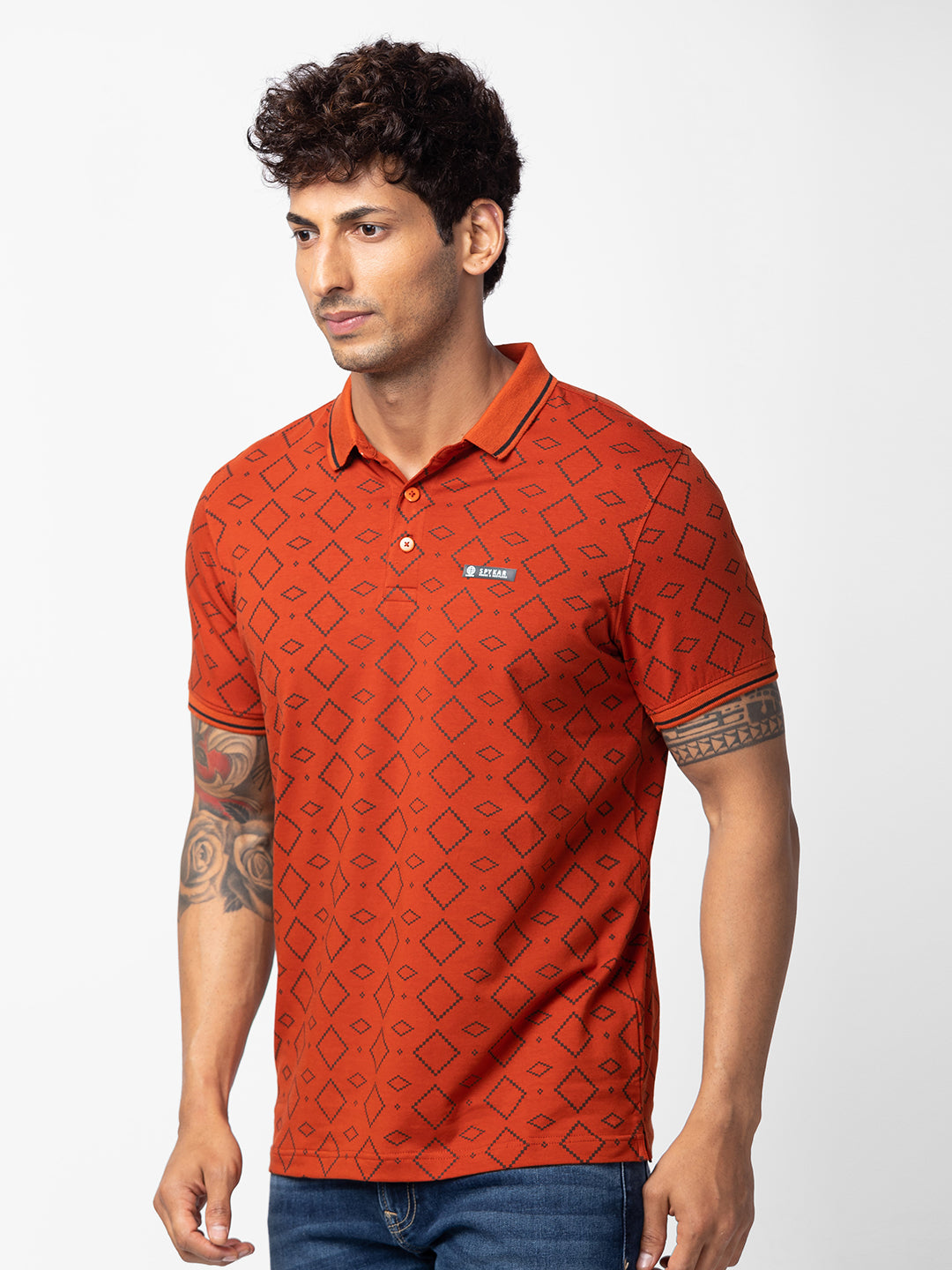 Spykar Men Burnt Orange Cotton Regular Fit Half Sleeve Printed Polo T-Shirt