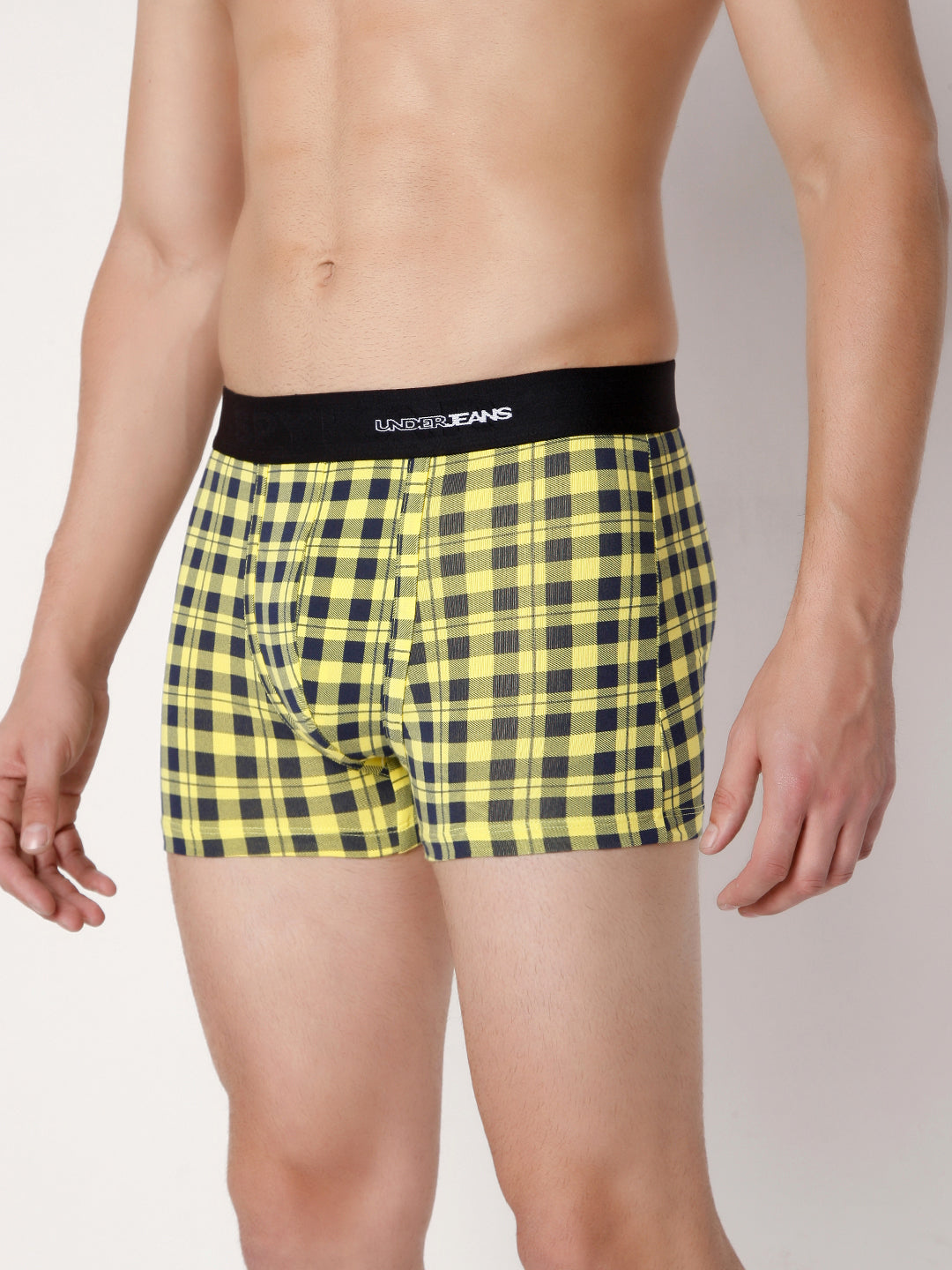 Men Premium Yellow Check Cotton Blend Trunk- Underjeans By Spykar