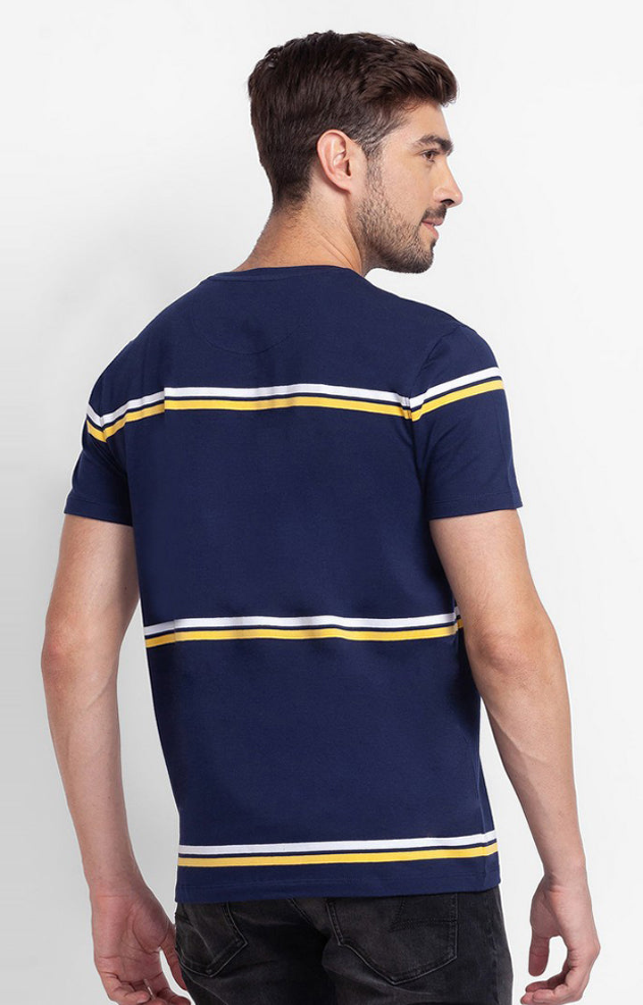 Spykar Navy Blue Cotton Half Sleeve Stripes Casual T-Shirt For Men