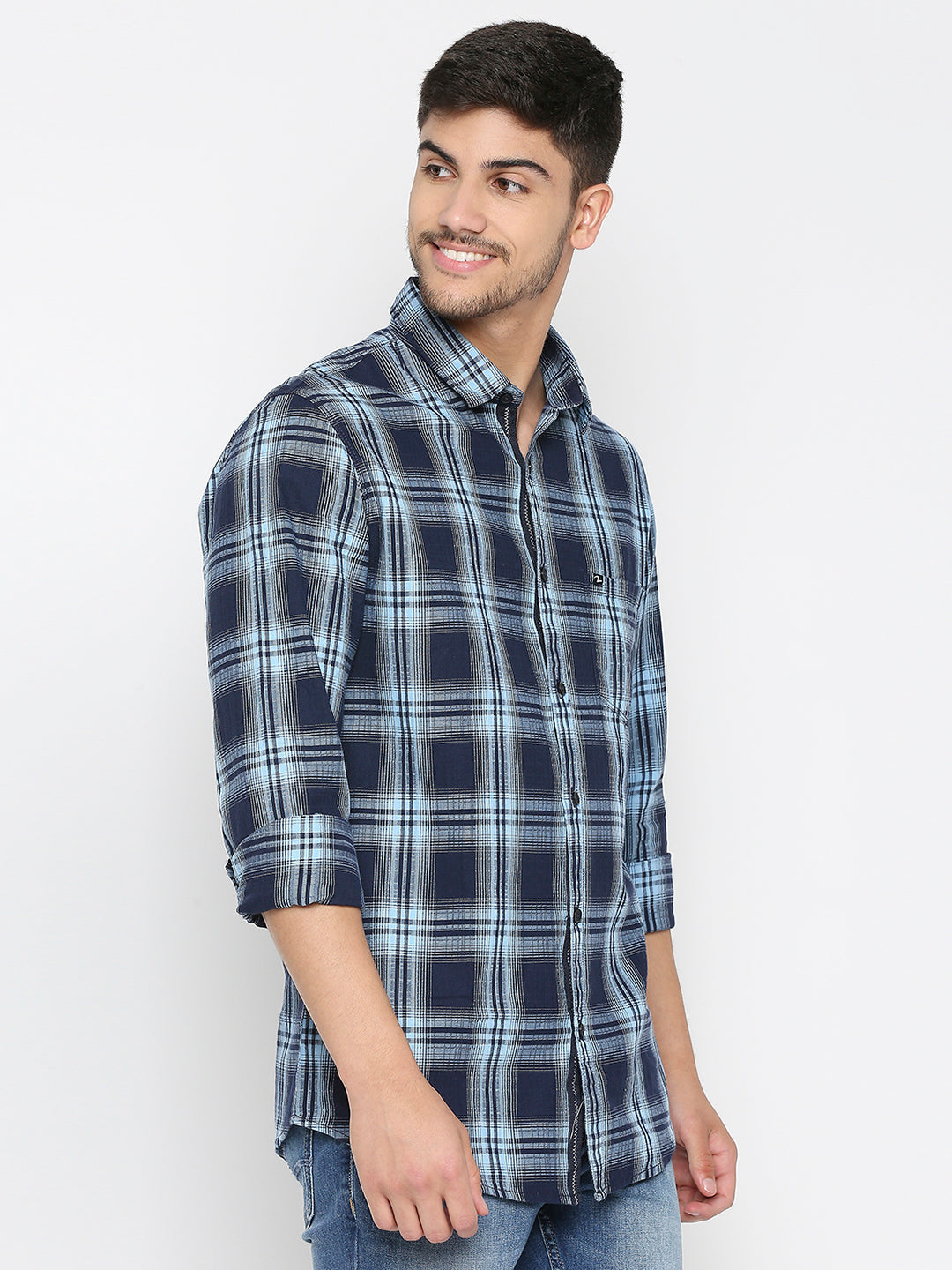 Spykar Indigo Blue Cotton Full Sleeve Checkered Shirt For Men