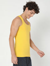 Men Premium Yellow Cotton Blend Regular Fit Vest - Underjeans By Spykar