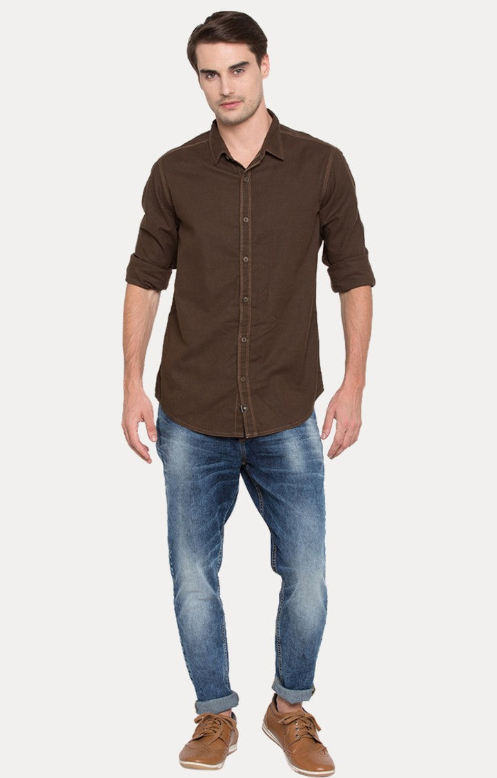 Spykar Men'S Brown Cotton Solid Casual Shirts