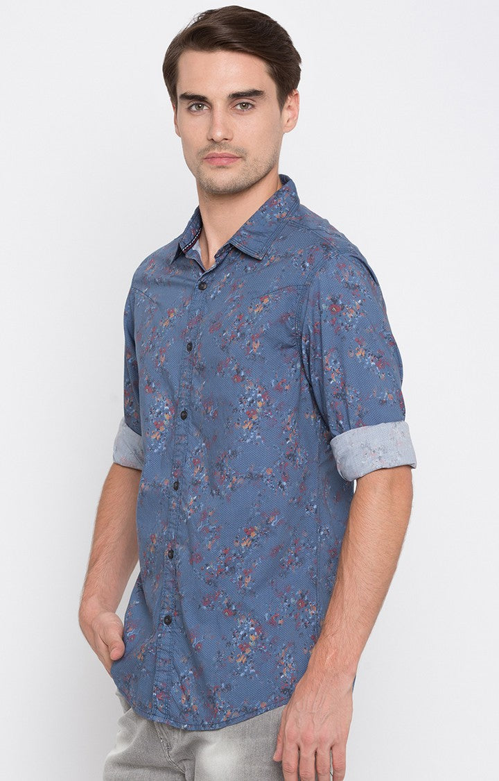 Spykar Men'S Blue Cotton Printed Casual Shirts