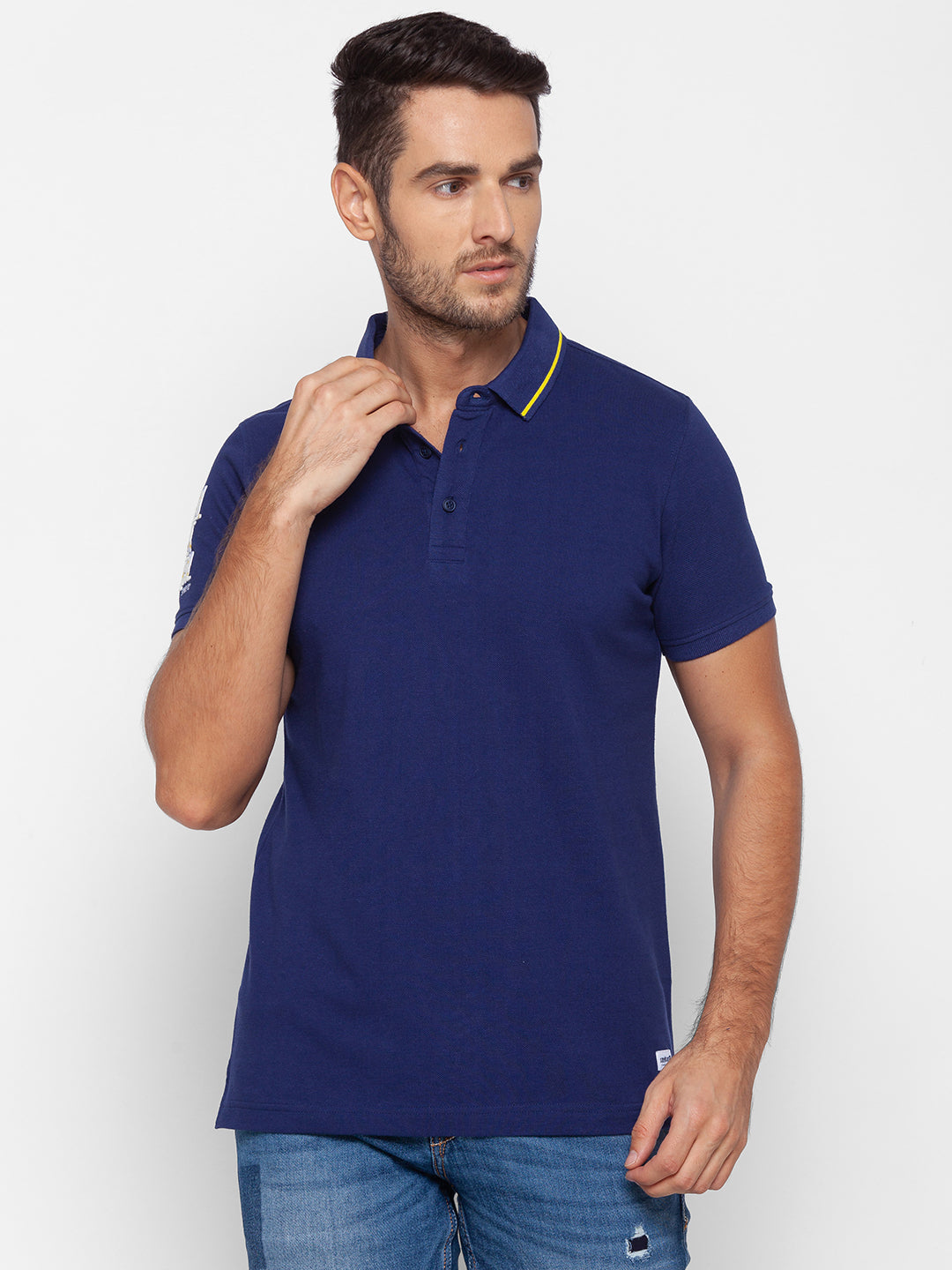 Spykar Men Blue Cotton Slim Fit Polo T-Shirt