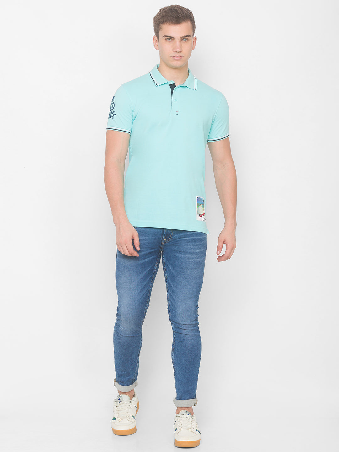 Spykar Men Blue Cotton Slim Fit Polo T-Shirt