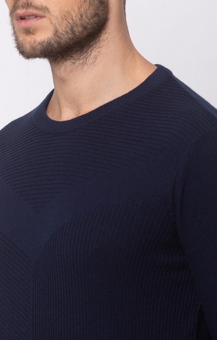 Spykar Navy Blue Cotton Regular Fit Sweater For Men