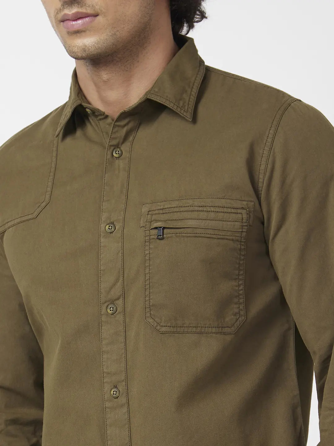 Spykar Men Forest Green Twill Regular Slim Fit Full Sleeve Denim Shirt