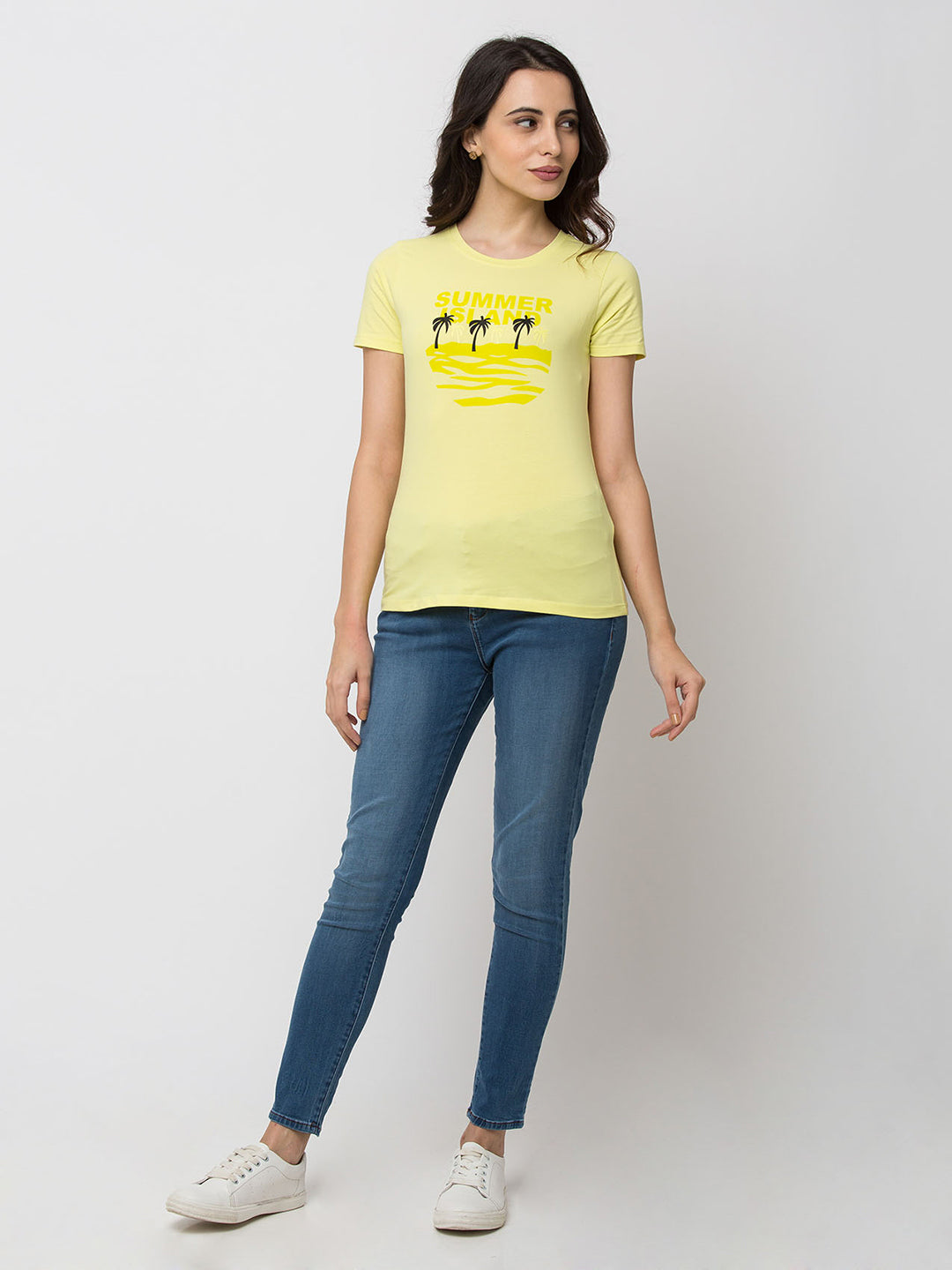 Spykar Women Yellow Lycra Regular Round Neck T-Shirt