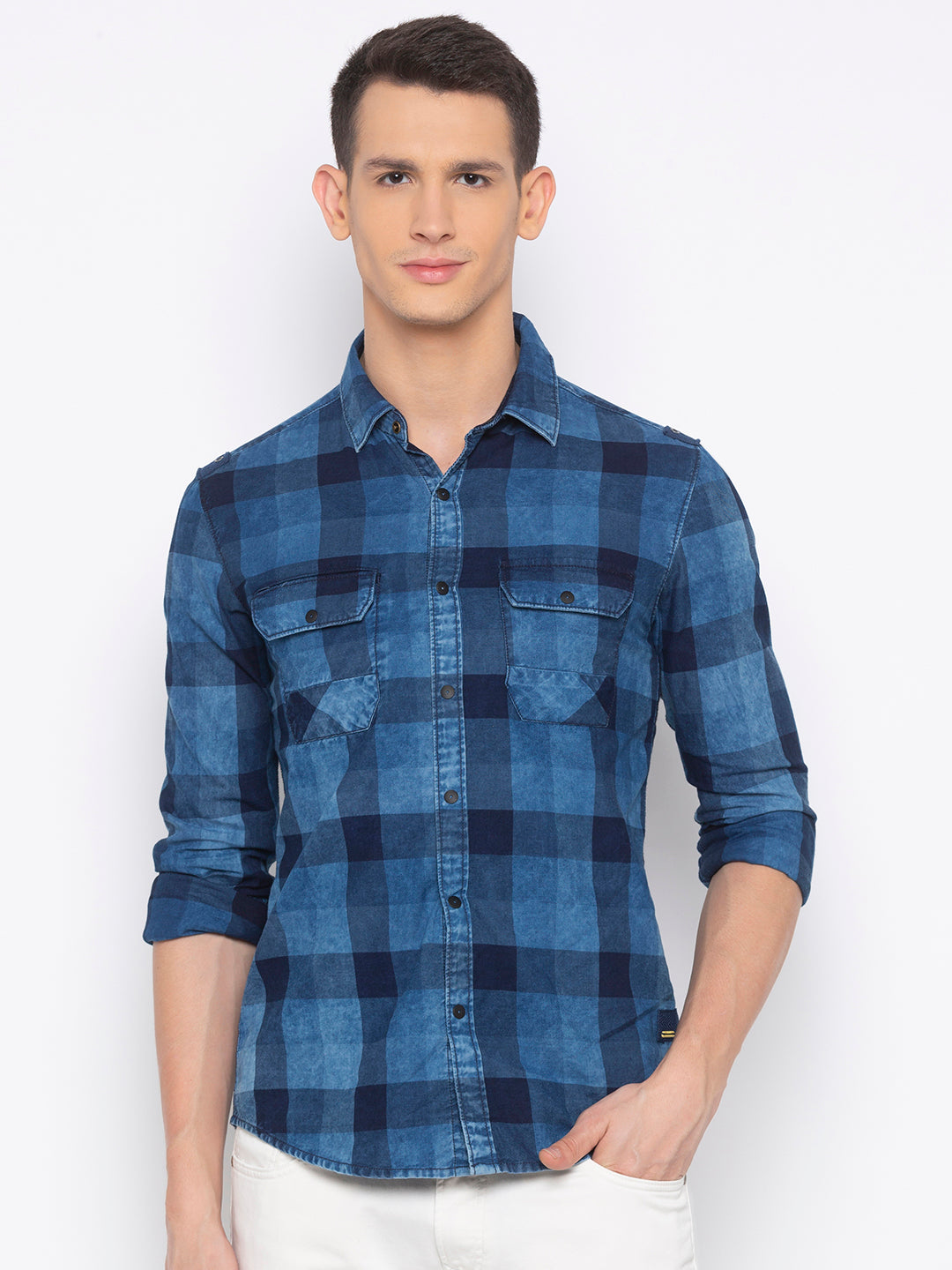 Spykar Men Indigo Cotton Checks Slim Fit Shirt