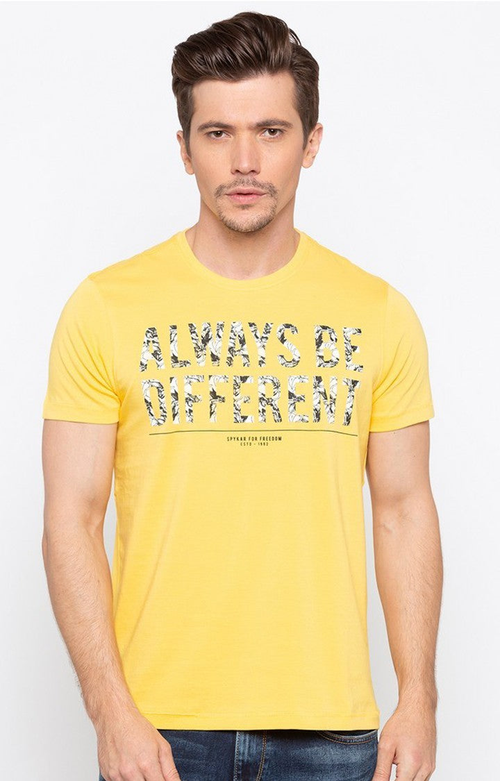 Spykar Yellow Printed Slim Fit Men T-Shirts