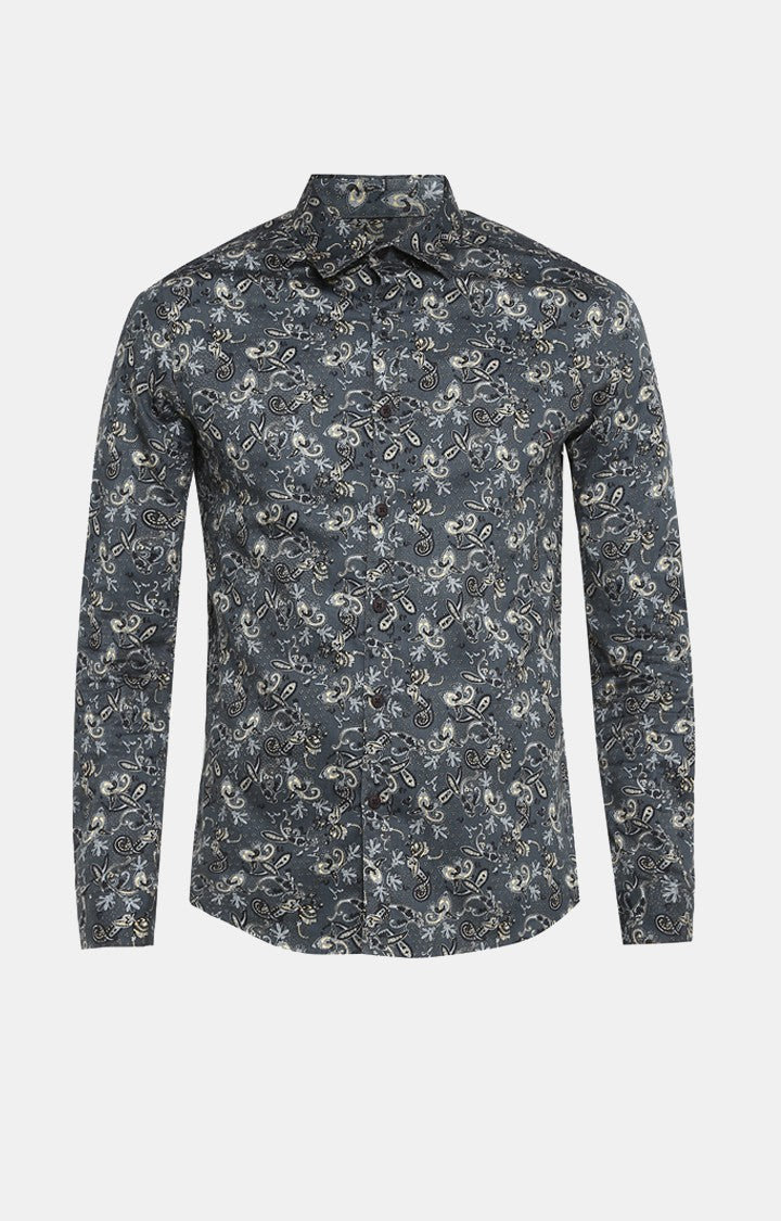 Spykar Men'S Grey Cotton Printed Casual Shirts