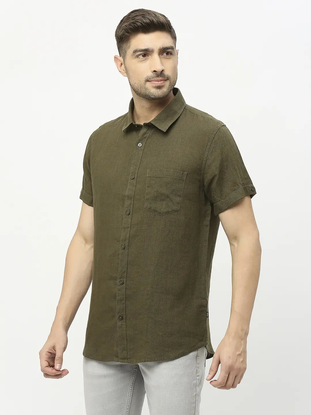 Spykar Men Militiary Green Linen Regular Fit Half Sleeve Plain Shirts