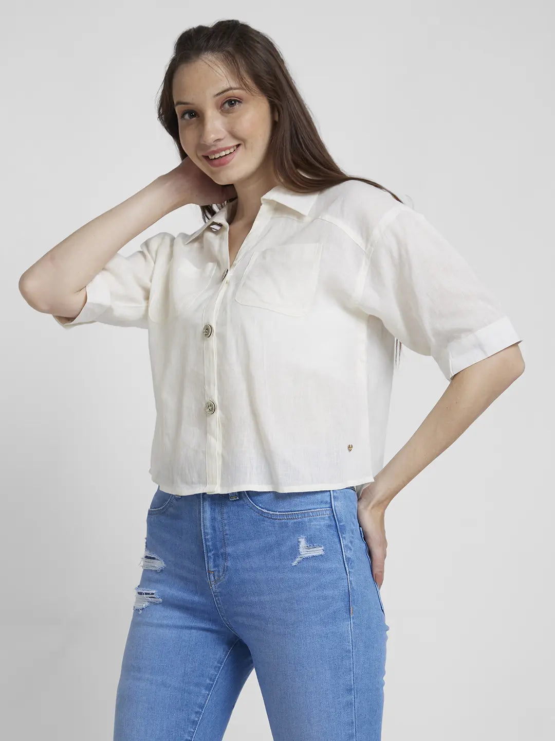 Spykar Women White Viscose Linen Slim Fit Half Sleeve Plain Crop Shirt