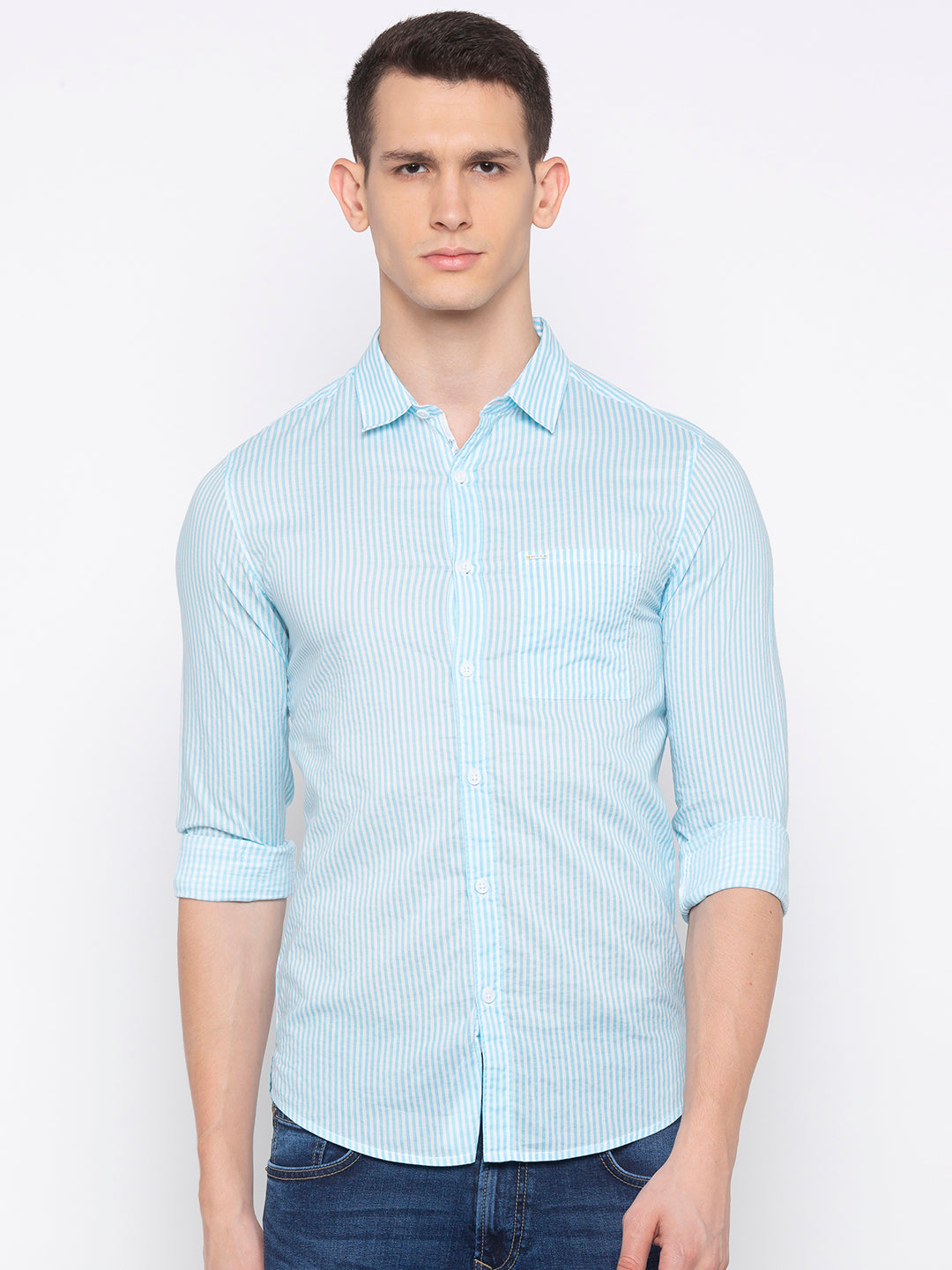 Spykar Men Aqua Striped Slim Fit Casual Shirt