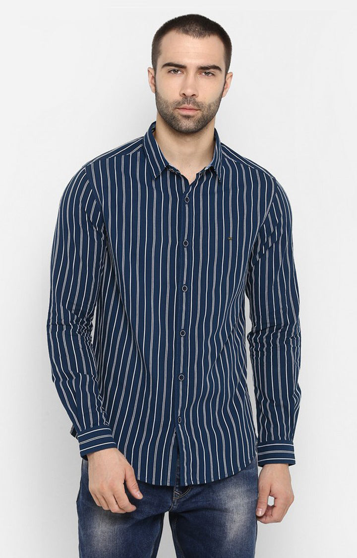 Spykar Men'S Blue Cotton Striped Casual Shirts