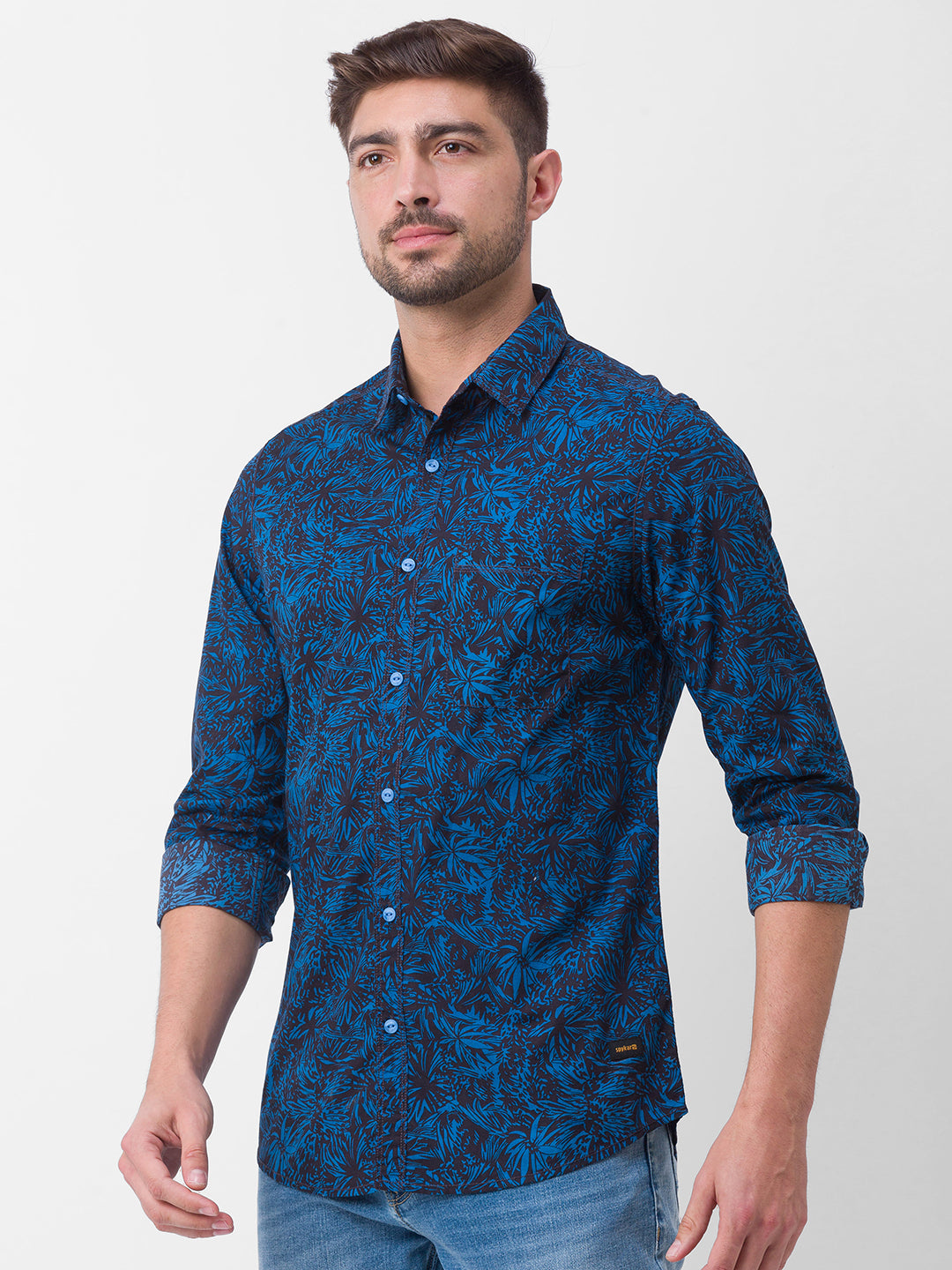 Spykar Indigo Blue Cotton Full Sleeve Printed Shirt For Men