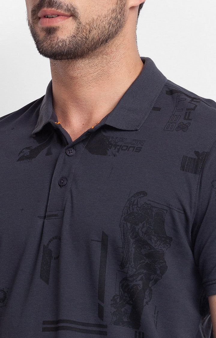 Spykar Slate Grey Cotton Half Sleeve Printed Casual Polo T-Shirt For Men