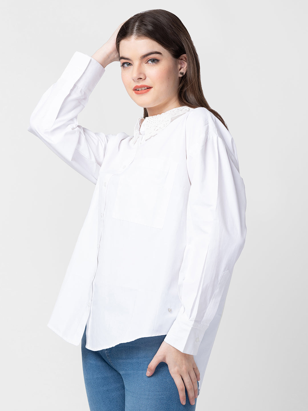 Spykar Women White Cotton Regular Fit Plain Shirts