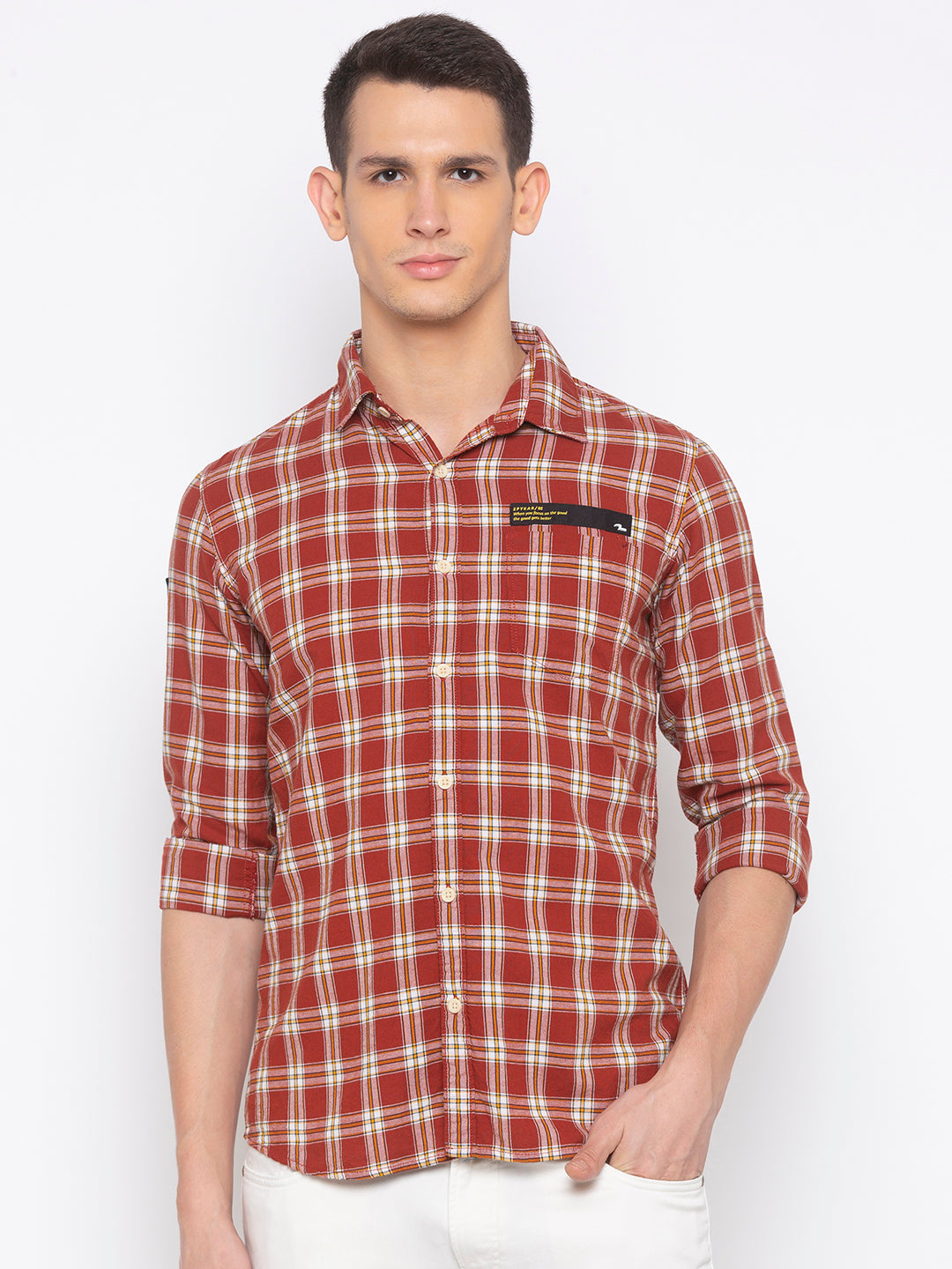 Spykar Men Brick Red Cotton Slim Fit Shirt