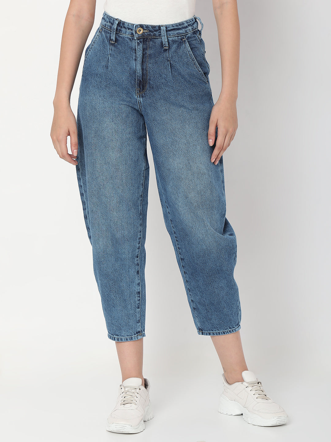 Spykar Mid Blue Cotton Baggy Fit Crop Length Jeans For Women (Clara)
