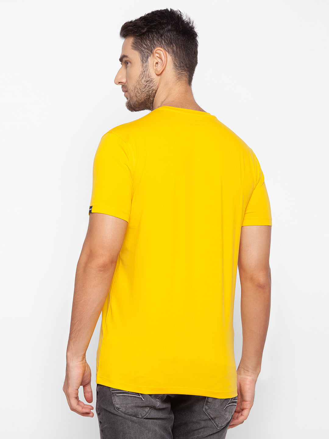 Spykar Men Yellow Cotton Slim Fit Round Neck T-Shirt