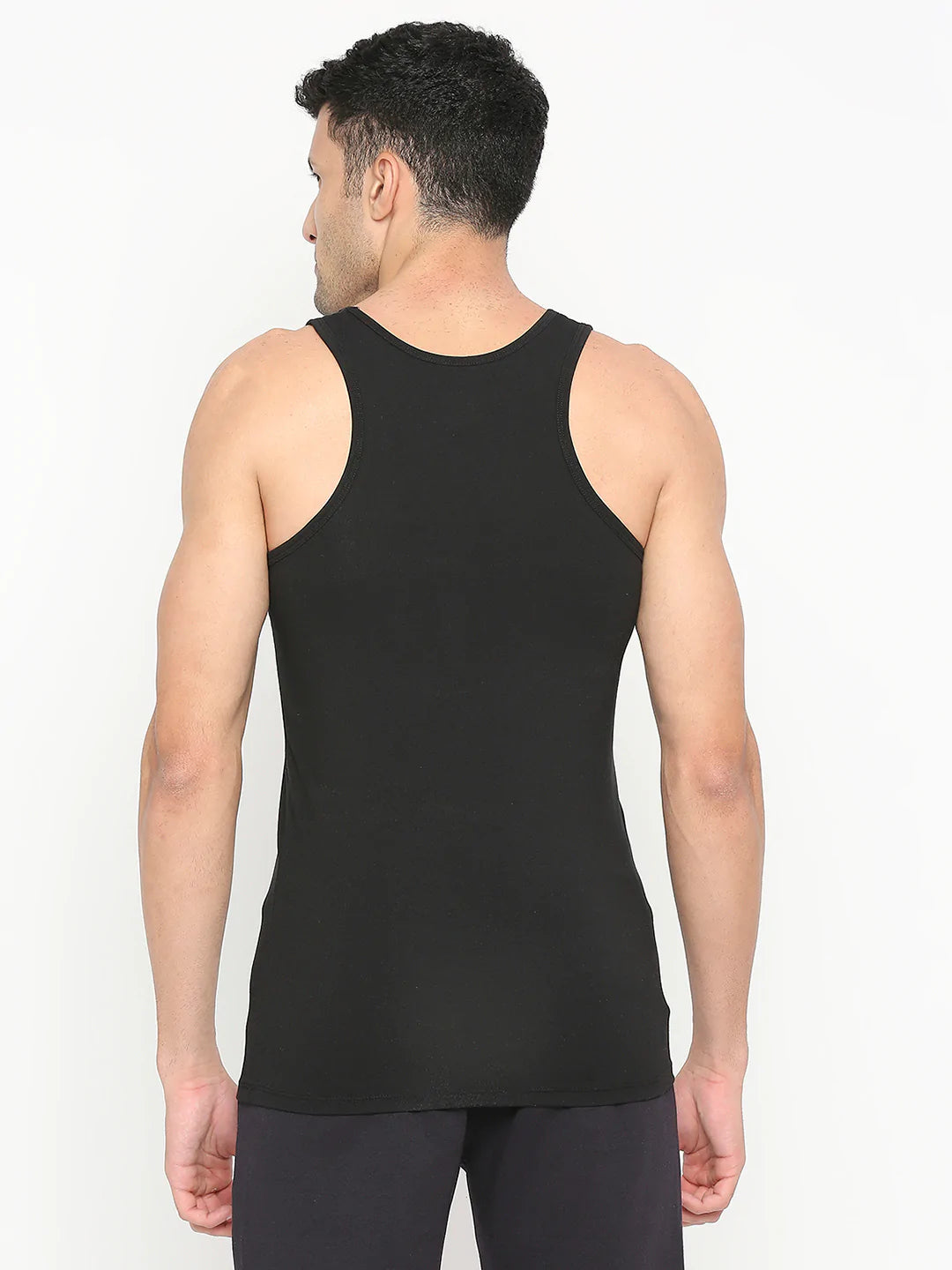 Men Premium Black Cotton Blend Vest - Underjeans By Spykar
