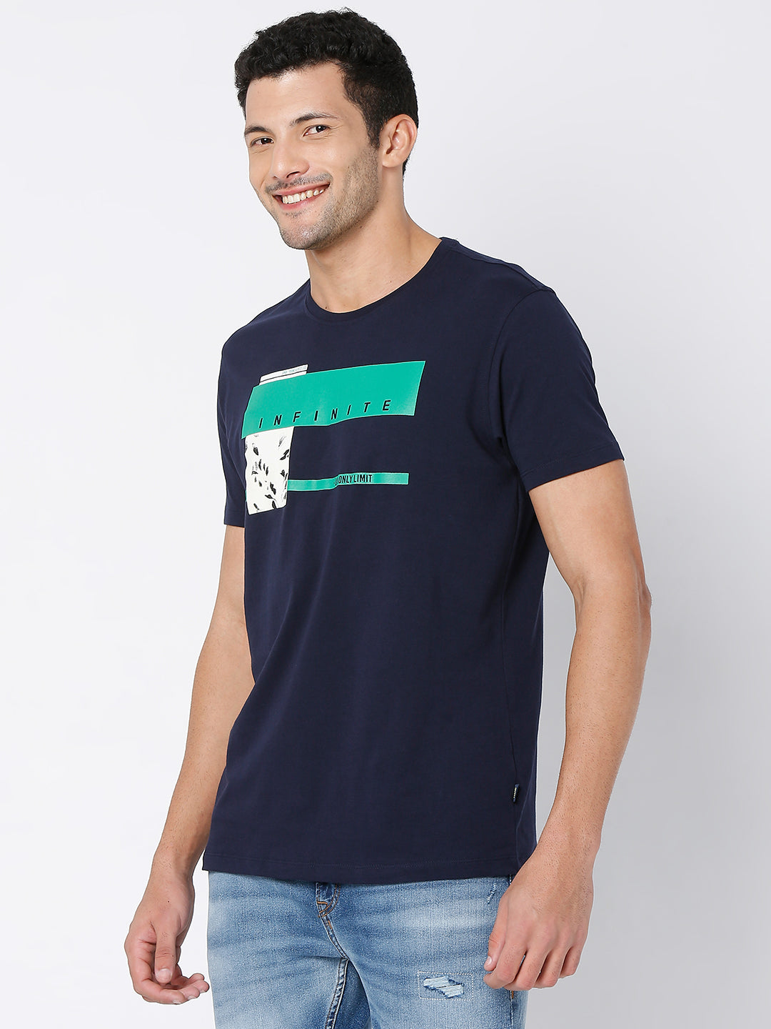 Spykar Navy Blue Cotton Half Sleeve Printed Casual T-Shirt For Men