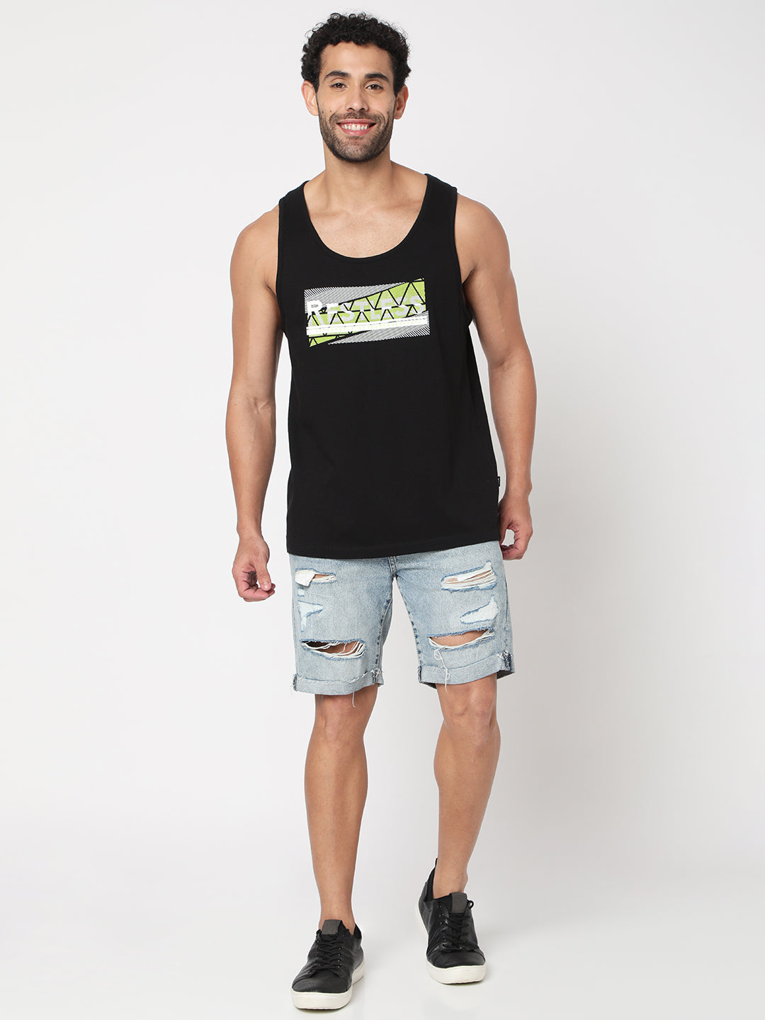 Spykar Men Black Cotton Sleeveless Printed Vest