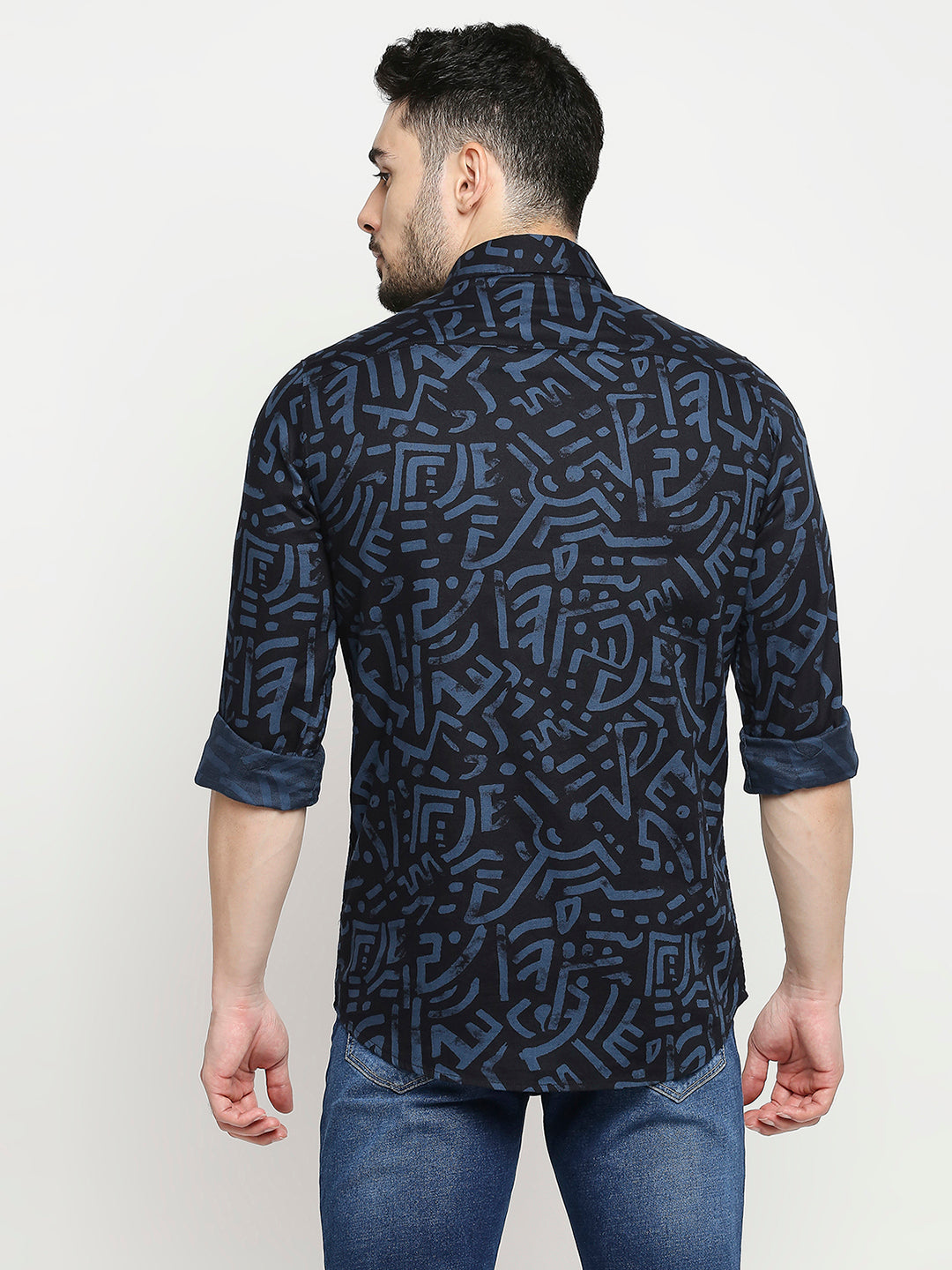 Spykar Navy Blue Cotton Full Sleeve Printed Shirt For Men