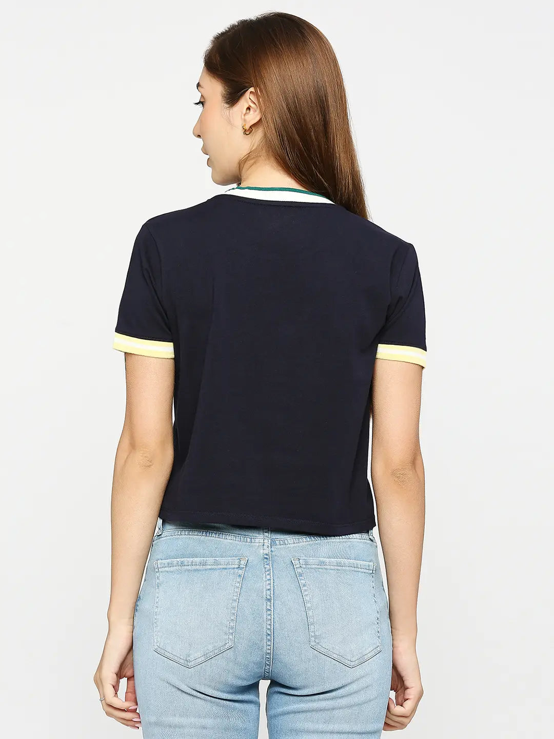 Spykar Women Navy Blue Cotton Slim Fit Round Neck Plain Crop Top