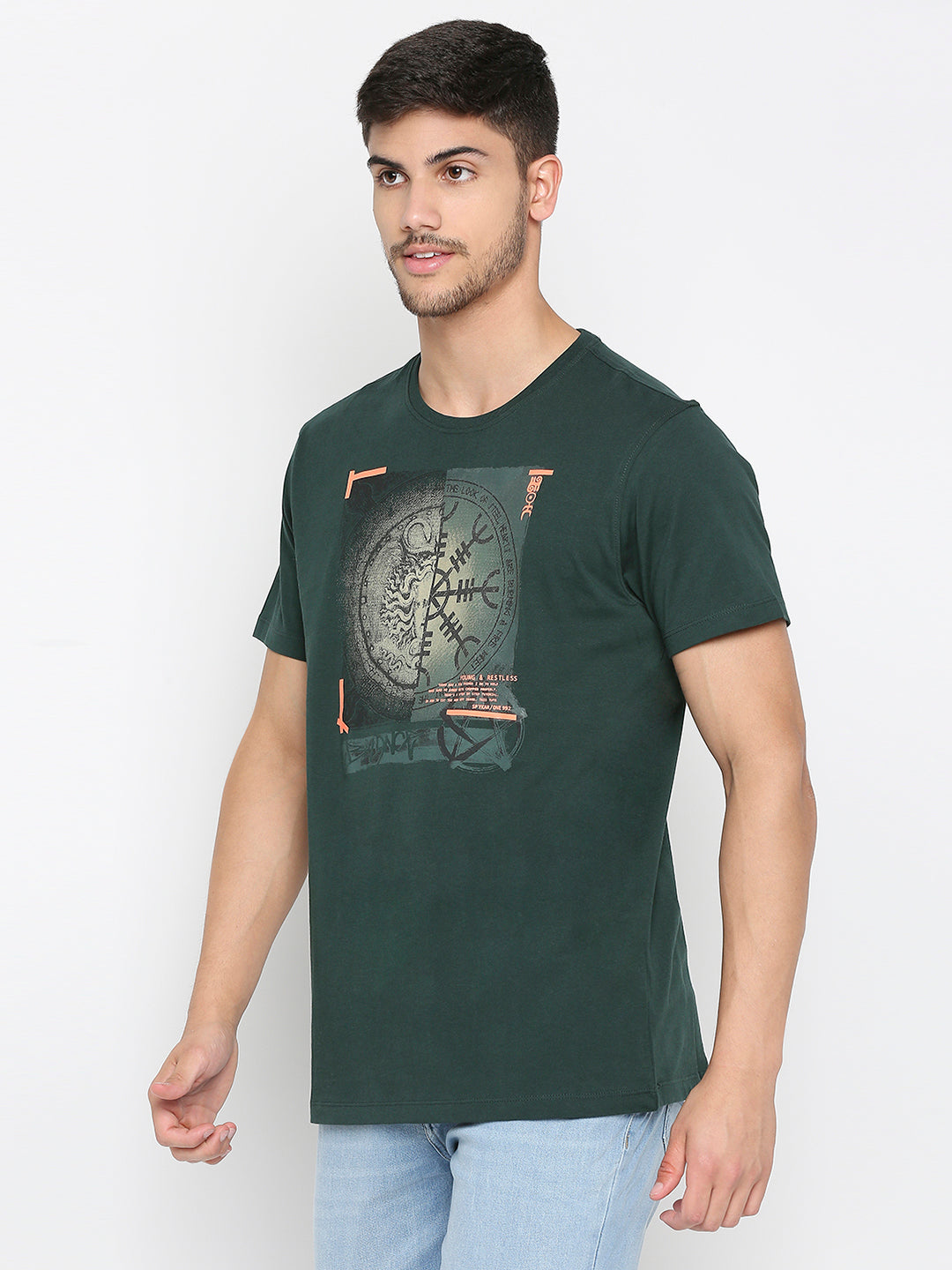 Spykar Bottle Green Cotton Half Sleeve Printed Casual T Shirt For Men Eomkt02bb09bottlegreen 8067