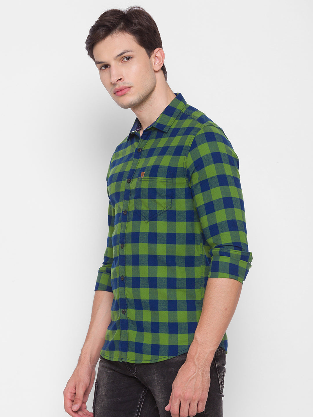 Spykar Slim Fit Green Cotton Men Shirt