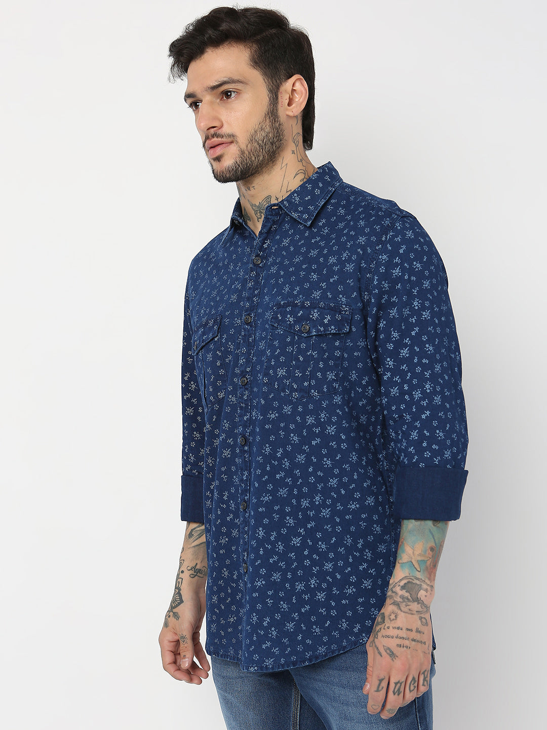 Spykar Men Indigo Blue/White Cotton Slim Fit Printed Shirts