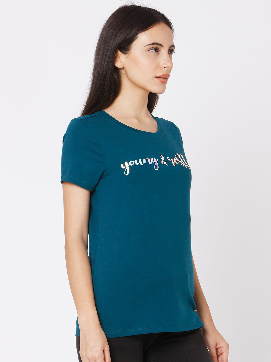 Spykar Women Green Cotton Slim Fit Round Neck T-Shirts