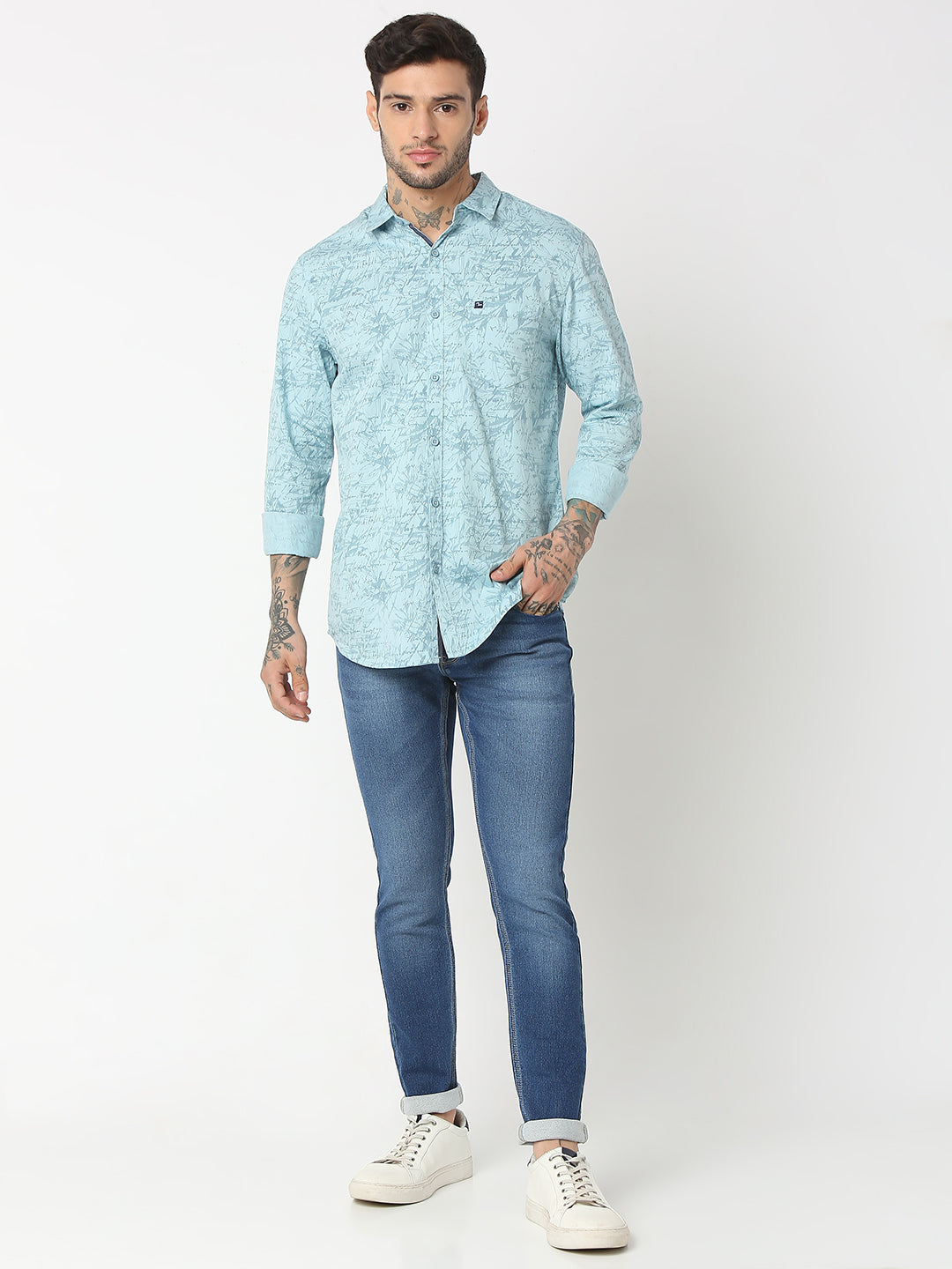 Spykar Men Aqua Cotton Slim Fit Printed Shirts