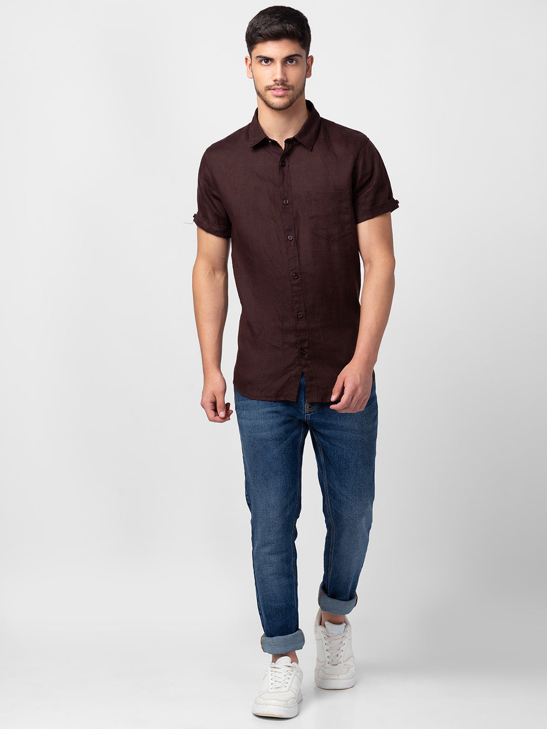 Spykar Men Coffee Brown Cotton Slim Fit Plain Shirt