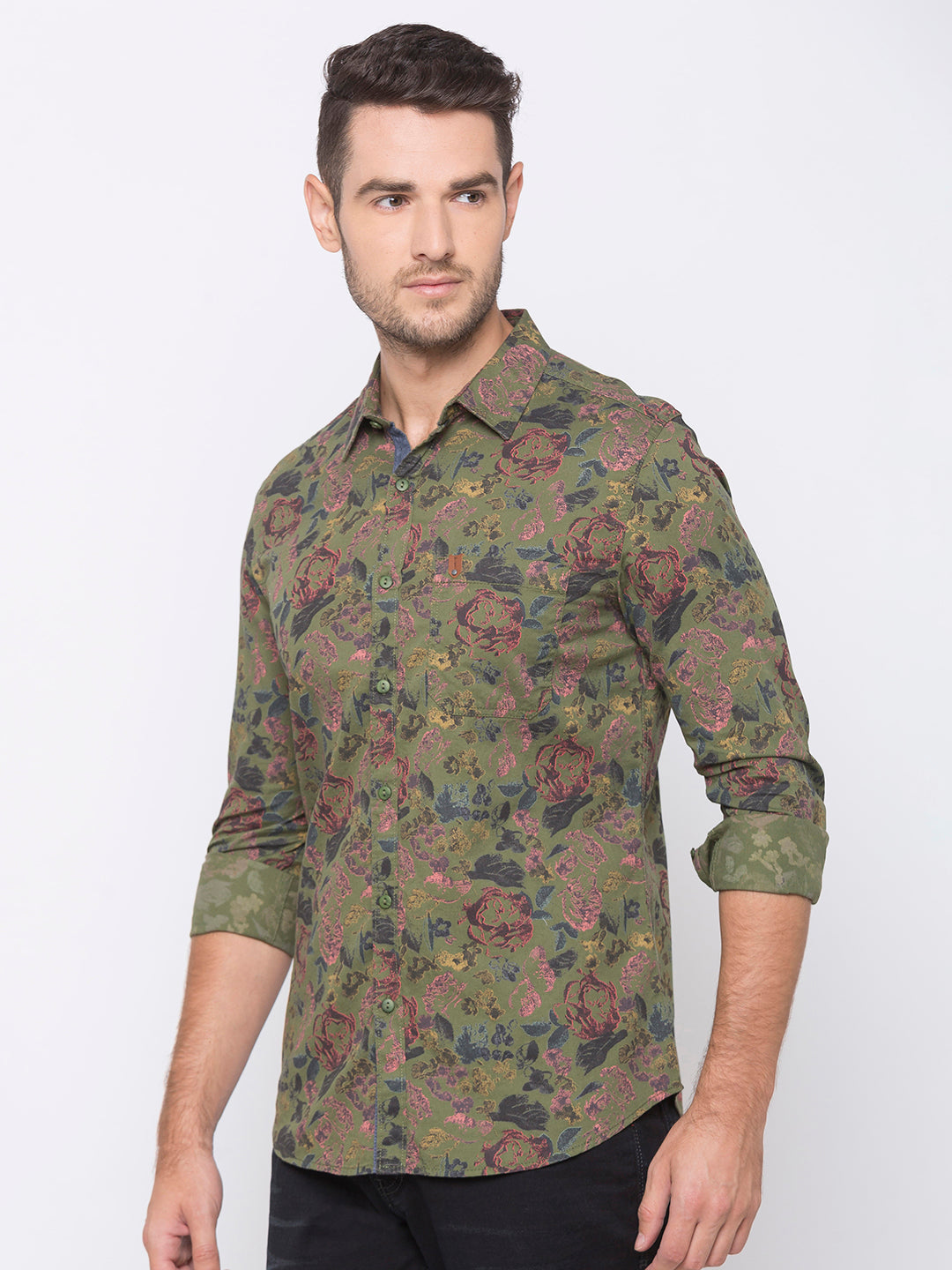 Spykar Slim Fit Men Green Cotton Casual Shirts