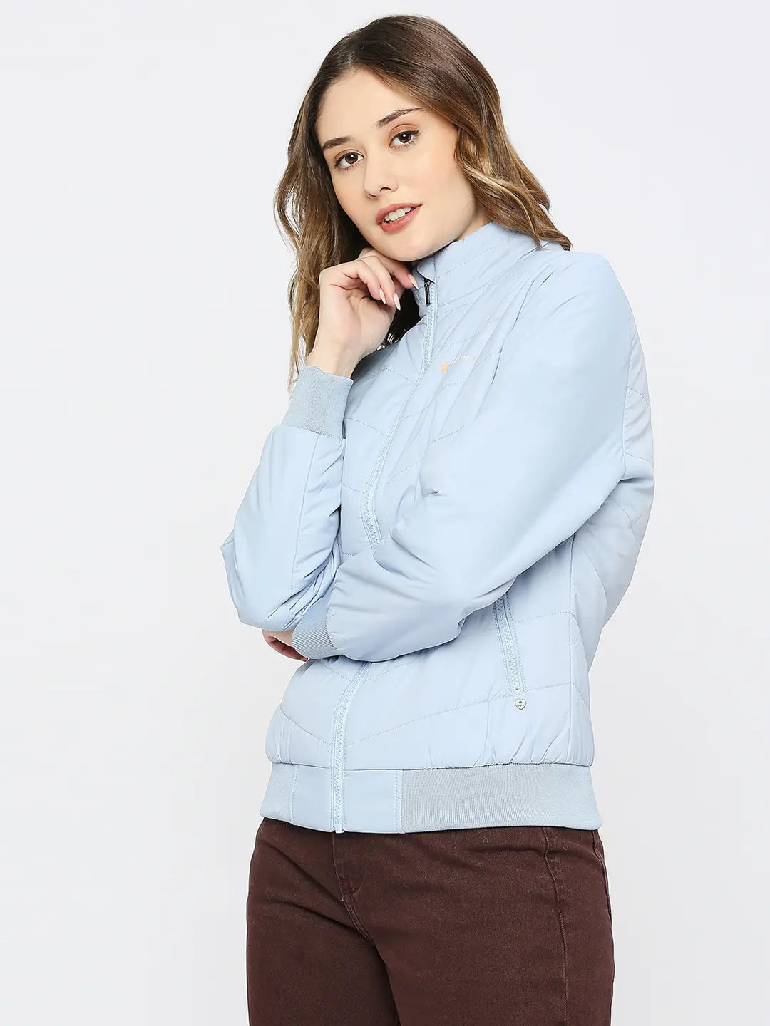 Spykar Women Sky Blue Nylon Regular Fit High Neck Plain Jacket