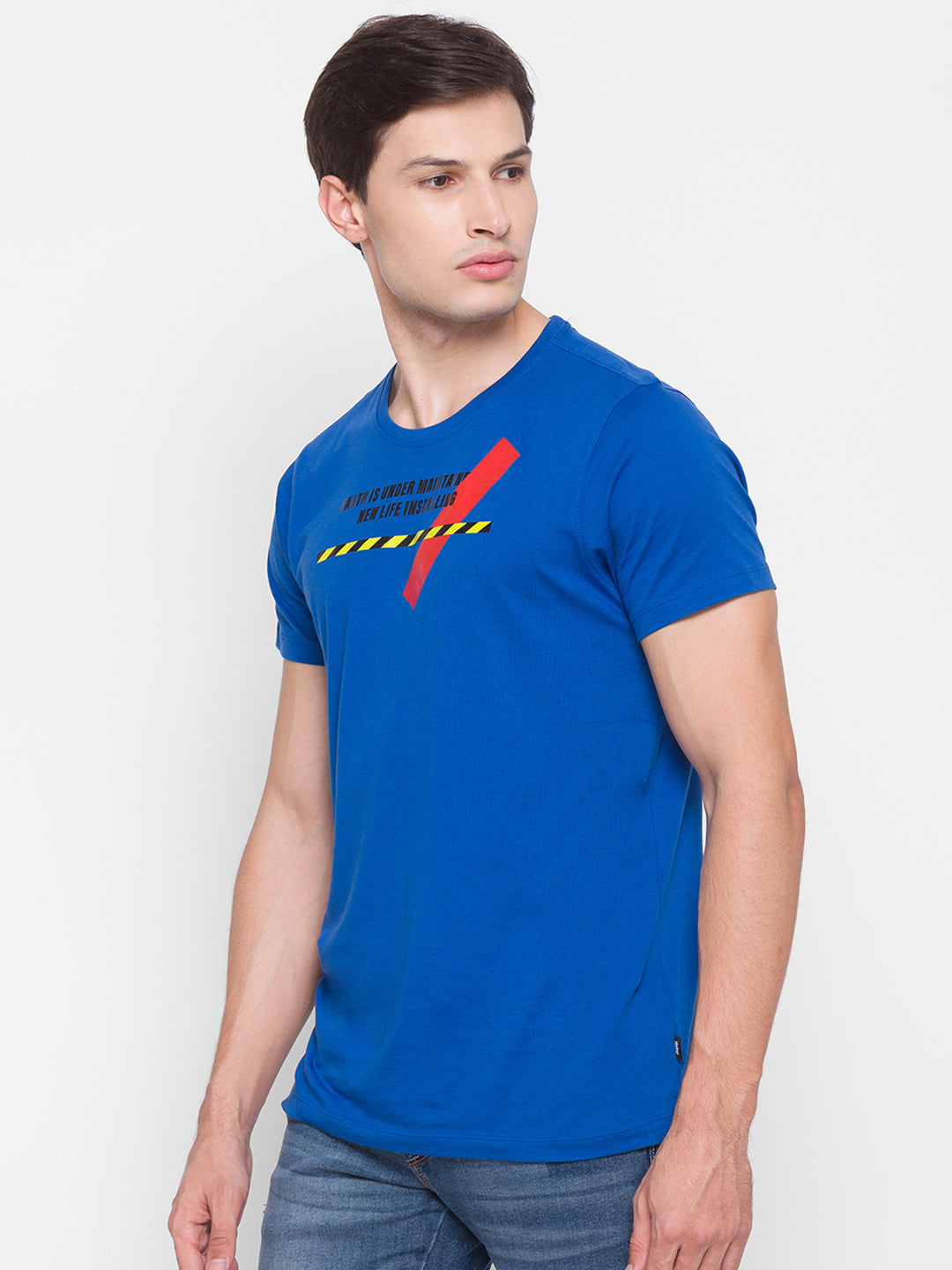 Spykar Men Blue Cotton Slim Fit Round Neck T-Shirt