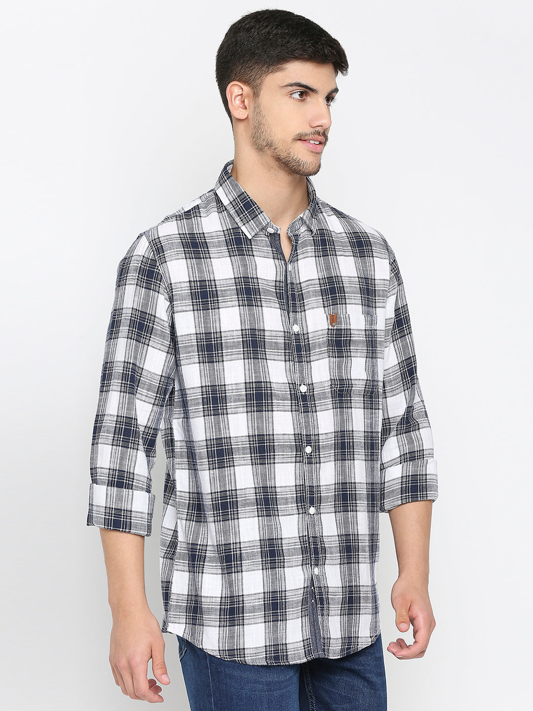 Spykar White Cotton Full Sleeve Checkered Shirt For Men