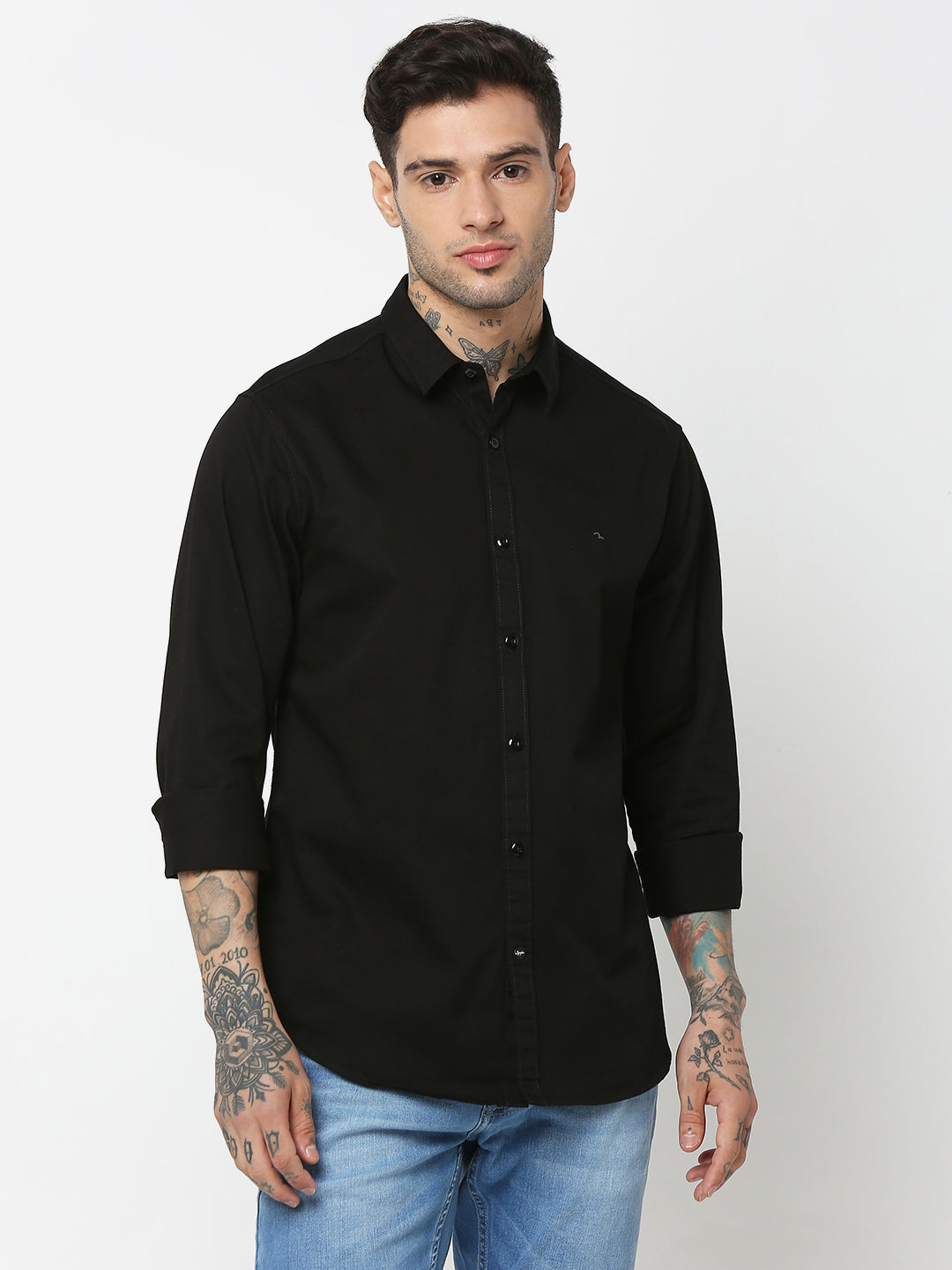 Spykar Men Black Cotton Slim Fit Plain Shirts