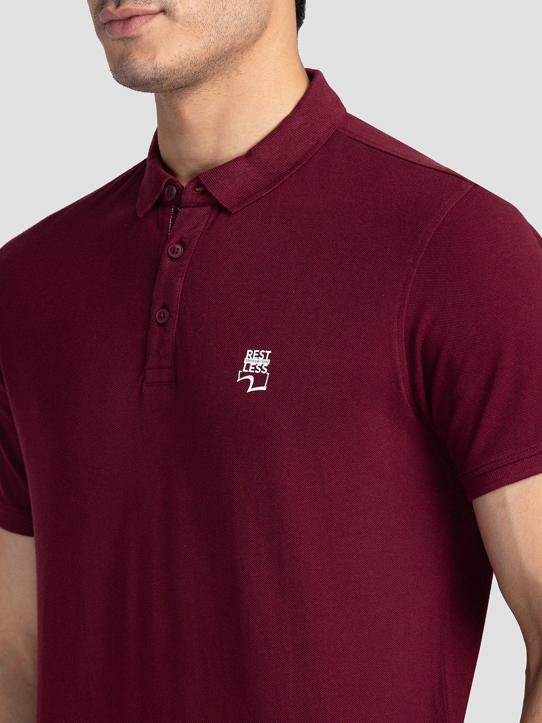 Spykar Men Wine Cotton Slim Fit Polo Printed T-Shirt